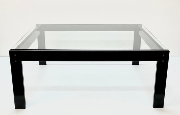 Italian Glass and Enamelled Black Metal Coffee Table by Gae Aulenti for Zanotta, 1970s-JDR-1125425