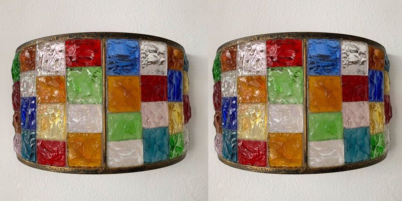 Italian Glass and Gilt Iron Checkerboard Sconces from Longboard, 1970s, Set of 2-FUE-736981