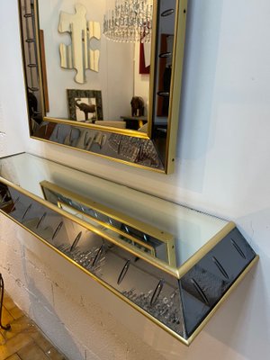 Italian Glass & Brass Mirror & Console Set from Cristal Art, 1960s, Set of 2-FUE-843547