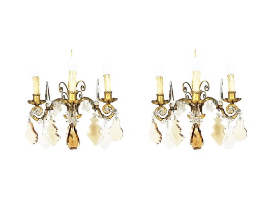 Italian Gold Leaf Metal and Faceted Crystal Sconces with Stars and Obelisks Decor, 1930s, Set of 2-RD-1722470