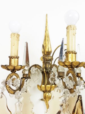 Italian Gold Leaf Metal and Faceted Crystal Sconces with Stars and Obelisks Decor, 1930s, Set of 2-RD-1722470