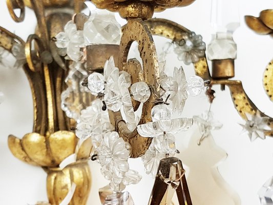 Italian Gold Leaf Metal and Faceted Crystal Sconces with Stars and Obelisks Decor, 1930s, Set of 2-RD-1722470