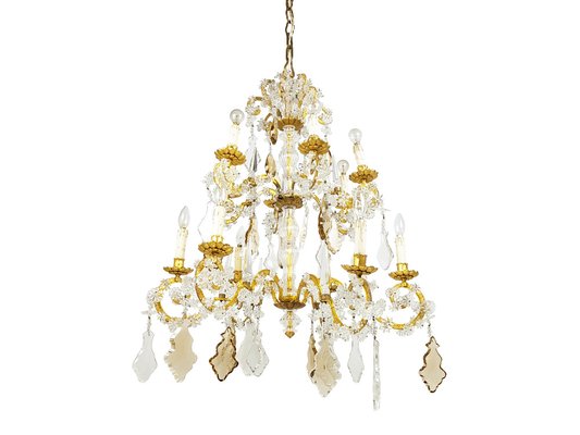 Italian Gold Leaf Metal and Faceted Crystal Sconces with Stars and Obelisks Decor, 1930s, Set of 2-RD-1722470