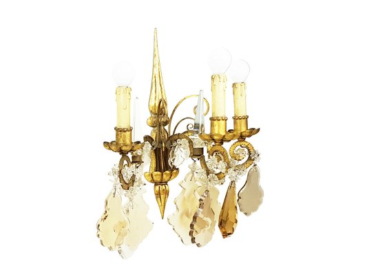 Italian Gold Leaf Metal and Faceted Crystal Sconces with Stars and Obelisks Decor, 1930s, Set of 2-RD-1722470