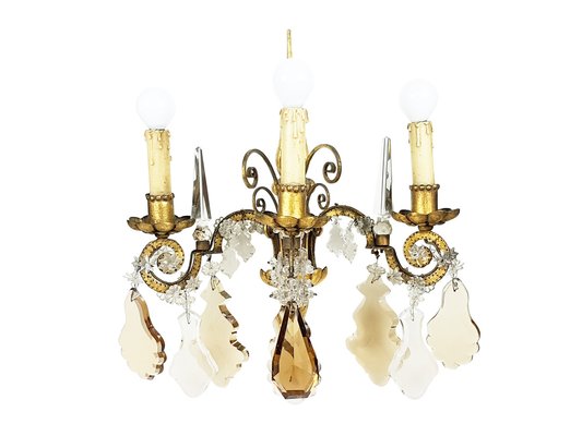 Italian Gold Leaf Metal and Faceted Crystal Sconces with Stars and Obelisks Decor, 1930s, Set of 2-RD-1722470