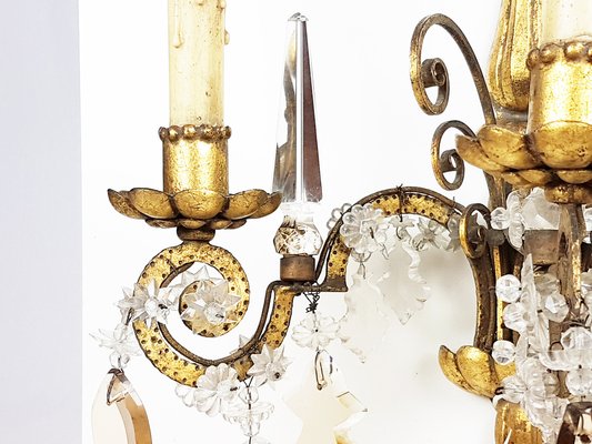 Italian Gold Leaf Metal and Faceted Crystal Sconces with Stars and Obelisks Decor, 1930s, Set of 2-RD-1722470