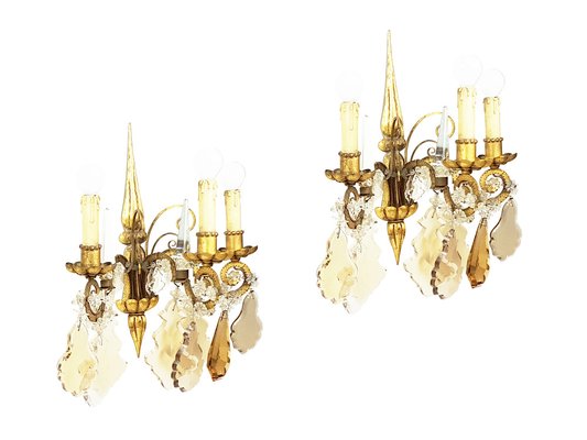 Italian Gold Leaf Metal and Faceted Crystal Sconces with Stars and Obelisks Decor, 1930s, Set of 2-RD-1722470