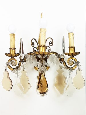 Italian Gold Leaf Metal and Faceted Crystal Sconces with Stars and Obelisks Decor, 1930s, Set of 2-RD-1722470