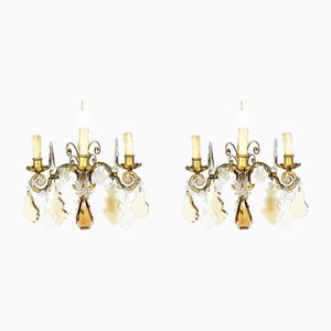 Italian Gold Leaf Metal and Faceted Crystal Sconces with Stars and Obelisks Decor, 1930s, Set of 2-RD-1722470