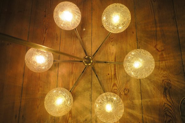 Italian Gold-Plated Brass Chandelier with 6 Crackle-Glass Globes by Angelo Brotto for Esperia, 1970s-ED-1792299