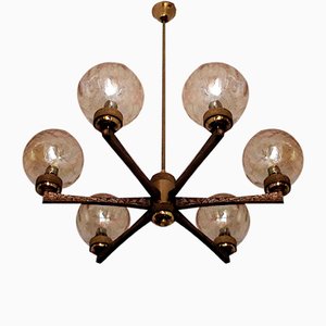 Italian Gold-Plated Brass Chandelier with 6 Crackle-Glass Globes by Angelo Brotto for Esperia, 1970s-ED-1792299