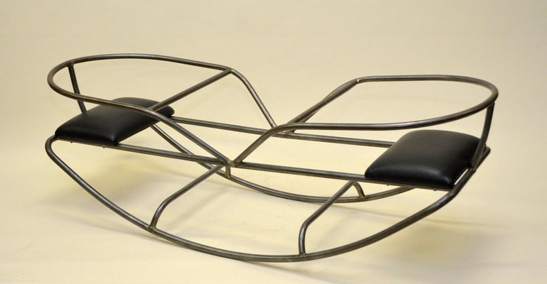 Italian Gondola Swing in Tubular Stripped Steel with Black Leather Seats, 1950s-YNA-788266