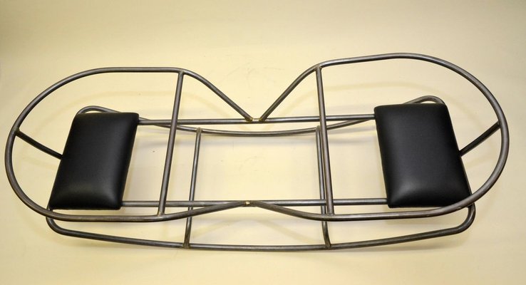 Italian Gondola Swing in Tubular Stripped Steel with Black Leather Seats, 1950s-YNA-788266