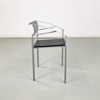 Italian Gray Metal and Black Leather Chairs attributed to Fly Line Di Carrè, 1990s, Set of 3-GDD-1749328