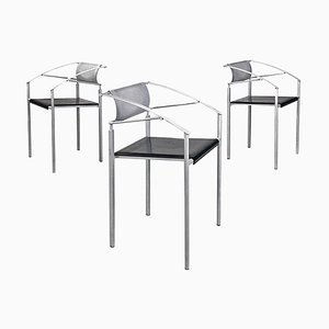 Italian Gray Metal and Black Leather Chairs attributed to Fly Line Di Carrè, 1990s, Set of 3-GDD-1749328