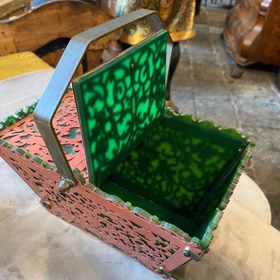 Italian Green and Pink Acrylic Glass and Brass Basket, 1960s-NMK-1066648