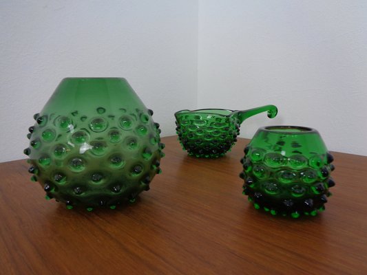 Italian Green Bubble Glass Vases & Bowl by Empoli, Set of 3, 1960s-RDW-1352969