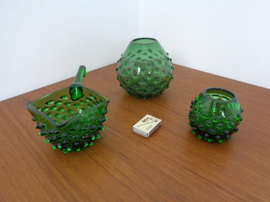 Italian Green Bubble Glass Vases & Bowl by Empoli, Set of 3, 1960s-RDW-1352969