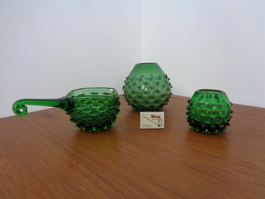 Italian Green Bubble Glass Vases & Bowl by Empoli, Set of 3, 1960s-RDW-1352969