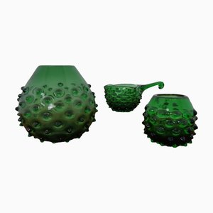 Italian Green Bubble Glass Vases & Bowl by Empoli, Set of 3, 1960s-RDW-1352969