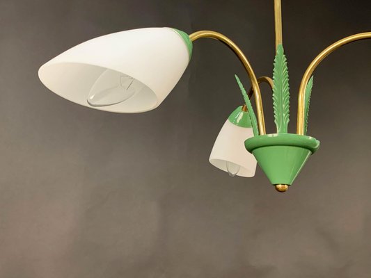 Italian Green Enamel Metal, Brass and Opal Glass Pendant Light from Stilnovo, 1950s-JDR-1125982