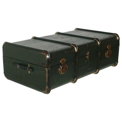 Italian Green Wood and Hemp Canvas Travel Trunk, 1920s-NJV-884849