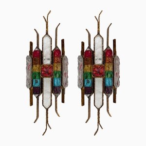 Italian Hammered Glass and Gilt Wrought Iron Sconces from Longobard, 1970s, Set of 2-FUE-1453858