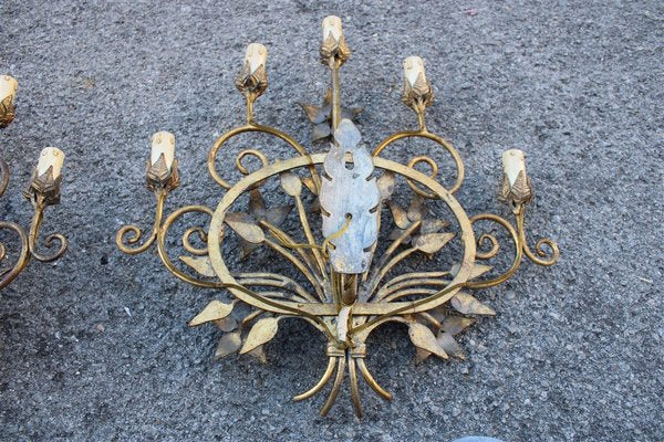 Italian Hand-Forged Metal Wall Lights with Aged Gold Finish, 1950s, Set of 2-EH-1180595