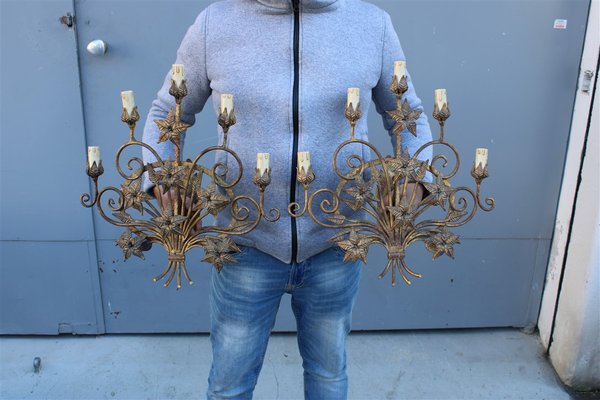 Italian Hand-Forged Metal Wall Lights with Aged Gold Finish, 1950s, Set of 2-EH-1180595