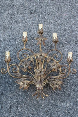 Italian Hand-Forged Metal Wall Lights with Aged Gold Finish, 1950s, Set of 2-EH-1180595