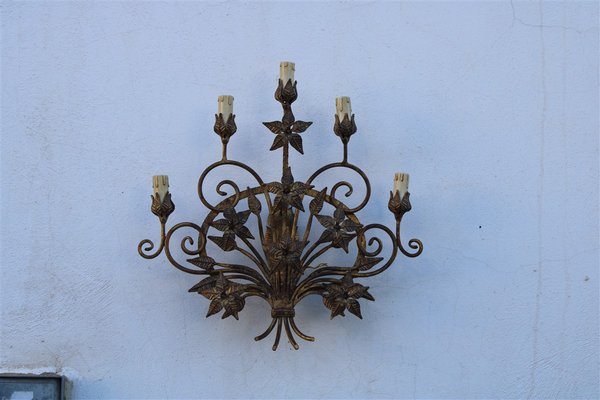 Italian Hand-Forged Metal Wall Lights with Aged Gold Finish, 1950s, Set of 2-EH-1180595