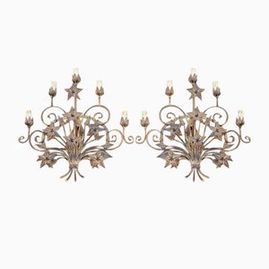 Italian Hand-Forged Metal Wall Lights with Aged Gold Finish, 1950s, Set of 2-EH-1180595