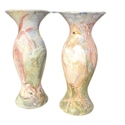 Italian Hand-Painted Ceramic Vases with Bird Motif by Anna Silvertta, Set of 2-TCS-1741563