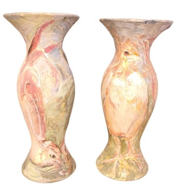 Italian Hand-Painted Ceramic Vases with Bird Motif by Anna Silvertta, Set of 2-TCS-1741563