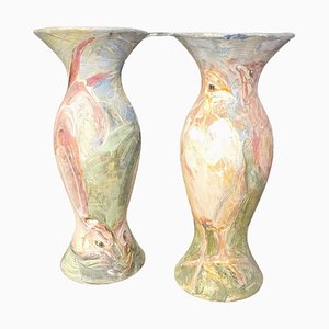 Italian Hand-Painted Ceramic Vases with Bird Motif by Anna Silvertta, Set of 2-TCS-1741563