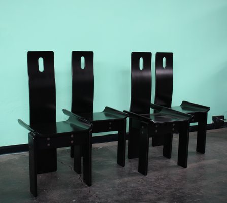 Italian High Back Lacquered Black Dining Chairs, 1970s, Set of 4-HZ-1180292