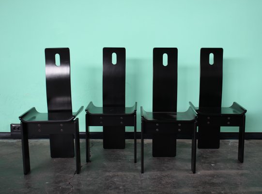 Italian High Back Lacquered Black Dining Chairs, 1970s, Set of 4-HZ-1180292