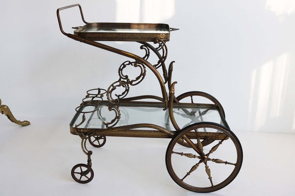 Italian Hollywood Regency Bar Cart / Trolley in Brass & Glass, 1945-WIP-2041182