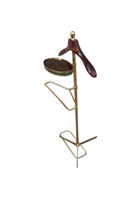 Italian Hollywood Regency Brass and Wood Valet Stand Dressboy, 1970s-NOU-742165