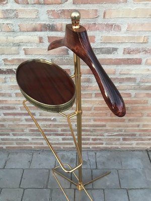 Italian Hollywood Regency Brass and Wood Valet Stand Dressboy, 1970s-NOU-742165