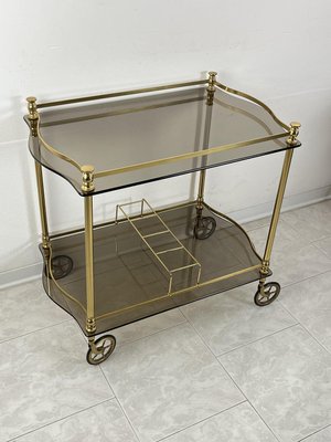 Italian Hollywood Regency Style Bar Trolley in Brass and Smoked Glass Tops, 1960s-YST-2035612