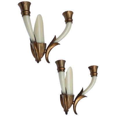 Italian Ivory White Blown Murano Glass & Coppered Brass Sconces, 1940s, Set of 2-JDR-1125984