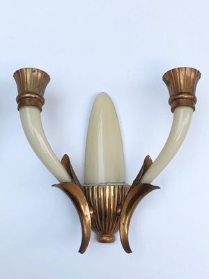 Italian Ivory White Blown Murano Glass & Coppered Brass Sconces, 1940s, Set of 2-JDR-1125984