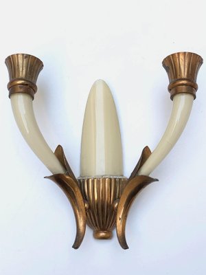 Italian Ivory White Blown Murano Glass & Coppered Brass Sconces, 1940s, Set of 2-JDR-1125984