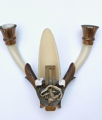 Italian Ivory White Blown Murano Glass & Coppered Brass Sconces, 1940s, Set of 2-JDR-1125984