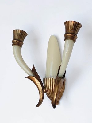 Italian Ivory White Blown Murano Glass & Coppered Brass Sconces, 1940s, Set of 2-JDR-1125984