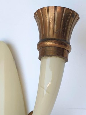 Italian Ivory White Blown Murano Glass & Coppered Brass Sconces, 1940s, Set of 2-JDR-1125984