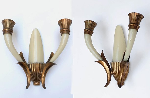 Italian Ivory White Blown Murano Glass & Coppered Brass Sconces, 1940s, Set of 2-JDR-1125984