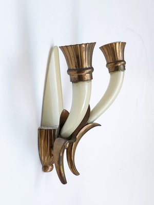 Italian Ivory White Blown Murano Glass & Coppered Brass Sconces, 1940s, Set of 2-JDR-1125984