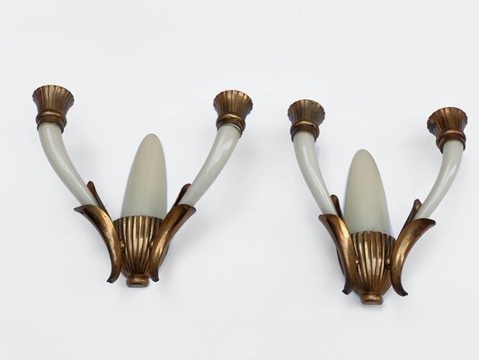 Italian Ivory White Blown Murano Glass & Coppered Brass Sconces, 1940s, Set of 2-JDR-1125984